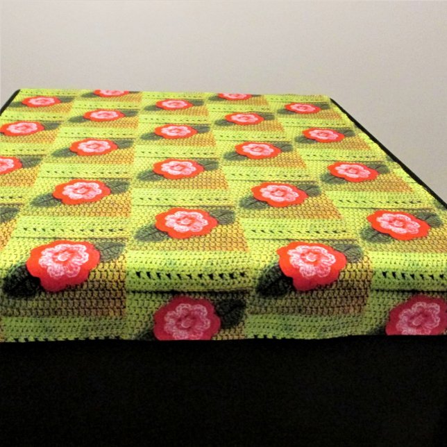 Golden Green Hot Pink Floral Artisan Crochet Print Tapestry (Decorative tapestry can be used on walls table & other furniture. Floral Crochet by Delores Chamblin)