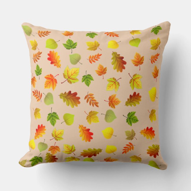 Golden, Green, Orange Autumn Leaves on Beige Cushion (Front)
