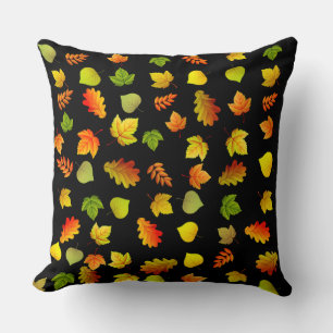 Golden, Green, Orange Autumn Leaves on Black Cushion
