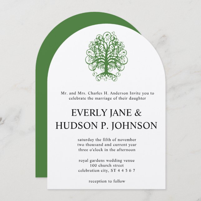 Golden Green Swirl Tree Roots of Love Wedding  Inv Invitation (Front/Back)