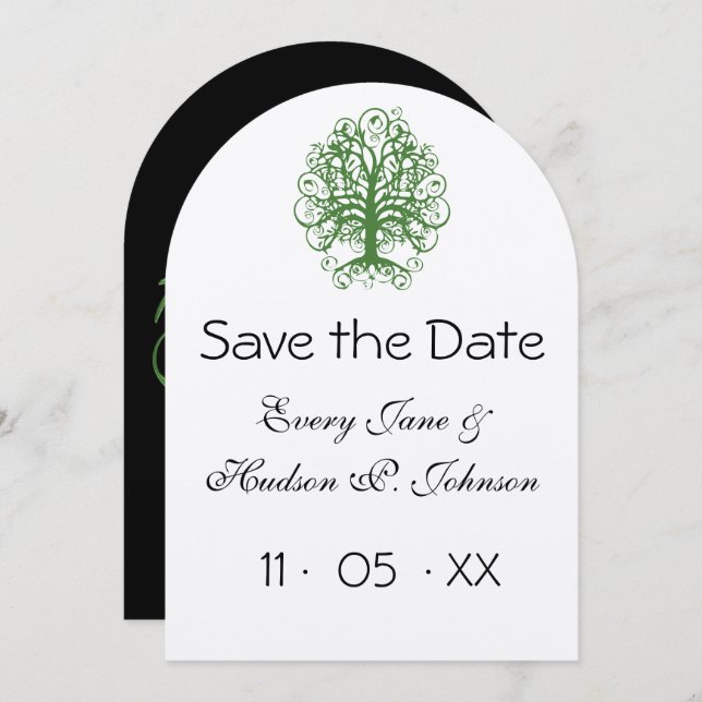 Golden Green Swirl Tree Roots of Love Wedding Invitation (Front/Back)