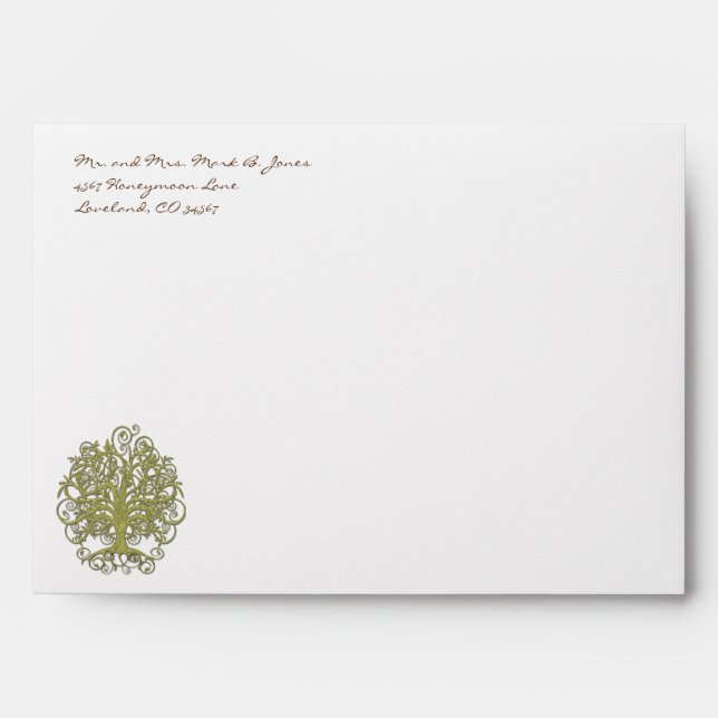 Golden Green Tree Swirl Wedding Envelopes (Front)