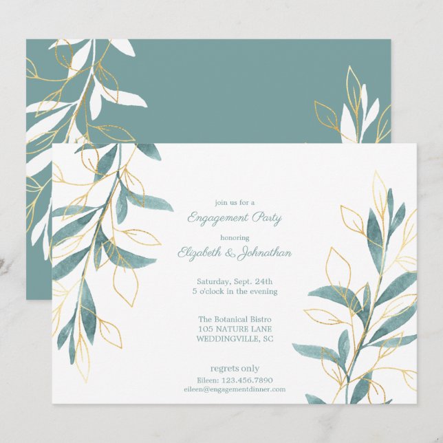 Golden Green Watercolor Floral Engagement Party Invitation (Front/Back)
