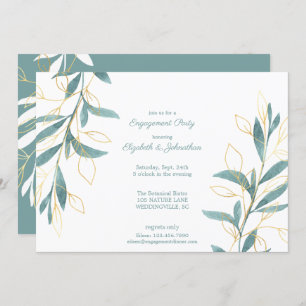 Golden Green Watercolor Floral Engagement Party Invitation