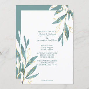 Golden Green Watercolor Floral Wedding Invitation