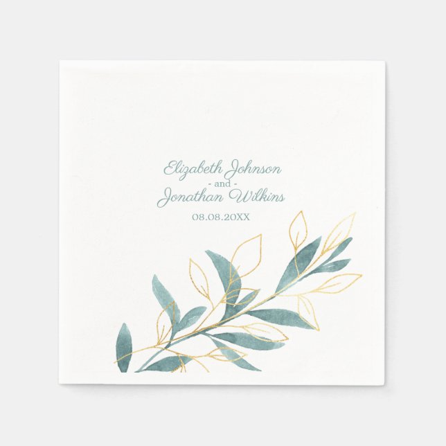 Golden Green Watercolor Floral Wedding Napkin (Front)