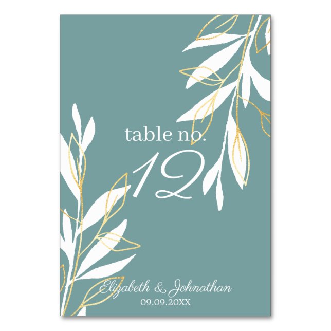 Golden Green Watercolor Floral Wedding Reception Table Number (Front)