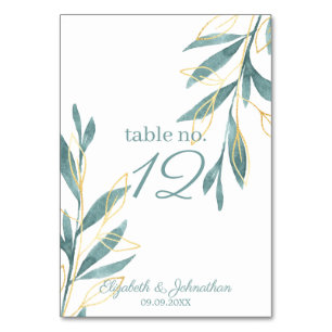 Golden Green Watercolor Floral Wedding Reception Table Number