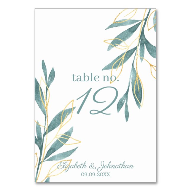 Golden Green Watercolor Floral Wedding Reception Table Number (Front)