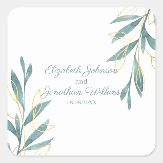 Golden Green Watercolor Floral Wedding Square Sticker (Front)