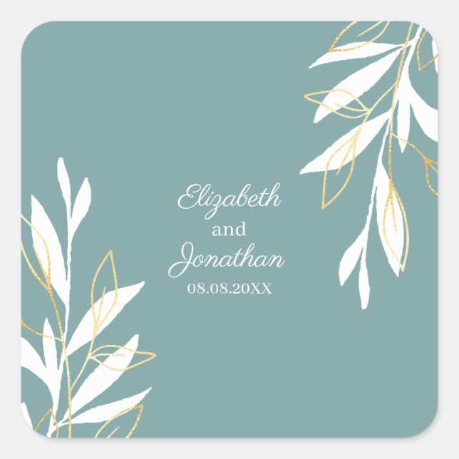 Golden Green Watercolor Floral Wedding Square Sticker (Front)