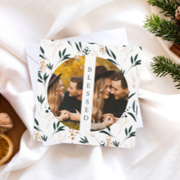 Golden Greenery Blessed Two Photo Holiday Card