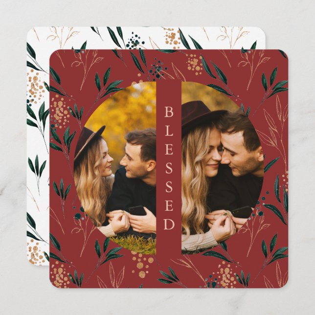 Golden Greenery Blessed Two Photo Red Holiday Card (Front/Back)