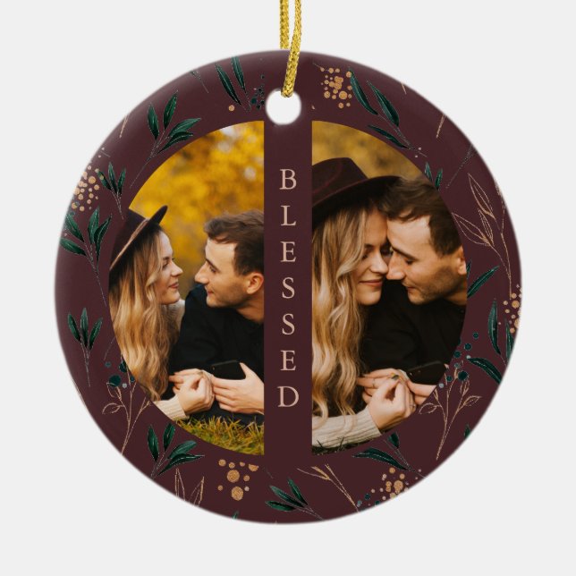 Golden Greenery Blessed Typography Photo Eggplant Ceramic Tree Decoration (Front)