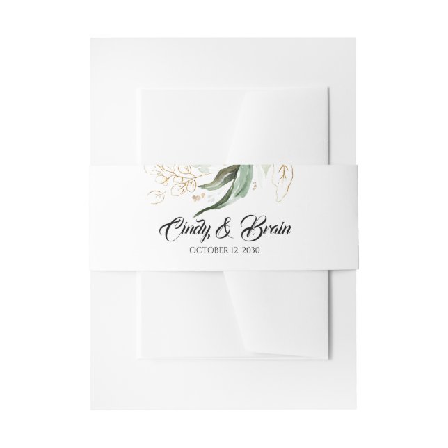 Golden Greenery Leaves Wedding Invitation Belly Band (Front Example)