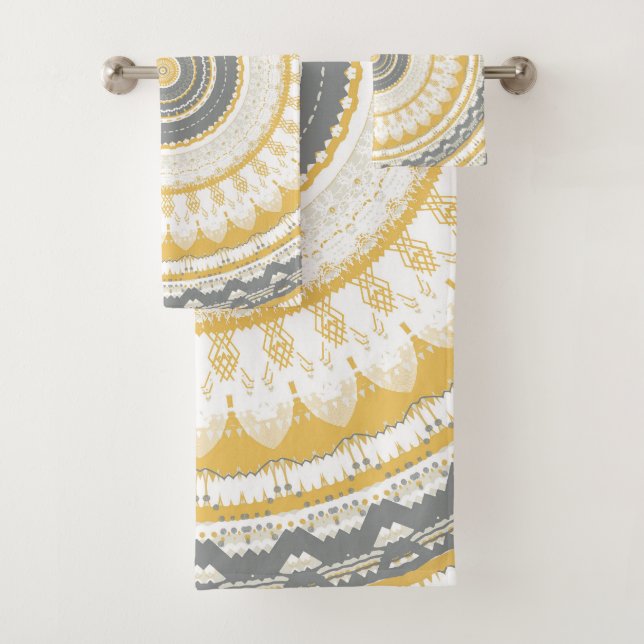 Golden Grey Mandala Bath Towel Set (Insitu)