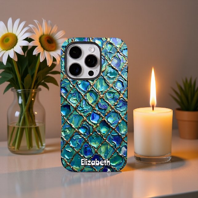 Golden Grid on Blue Mosaic Background Case-Mate iPhone Case (Creator Uploaded)