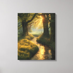 Golden Grove Sunrise – Tranquil Sunlit Forest Stre Canvas Print