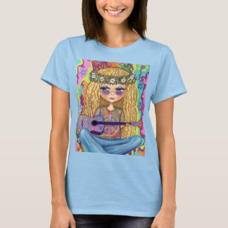 Golden Hair Hippie Chick Purple Guitar Peace Sign T-Shirt