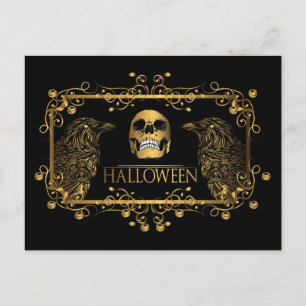 Golden Halloween Skull Ravens Postcard