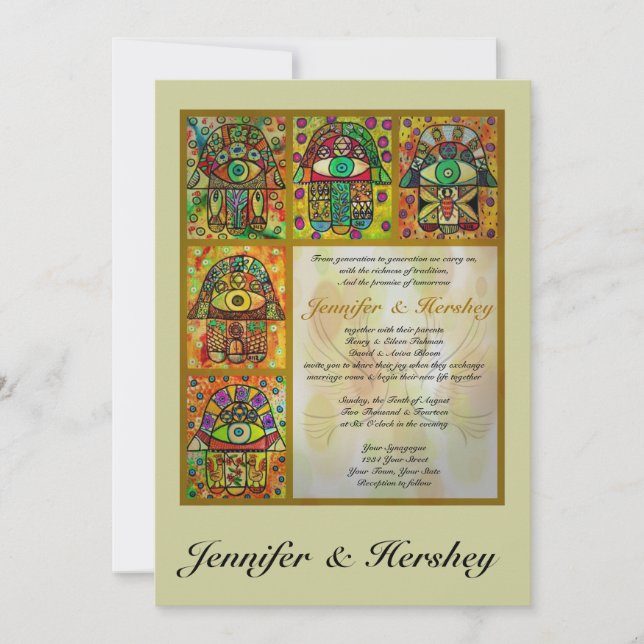 Golden Hamsa & Doves Of Peace Wedding Invitation (Front)