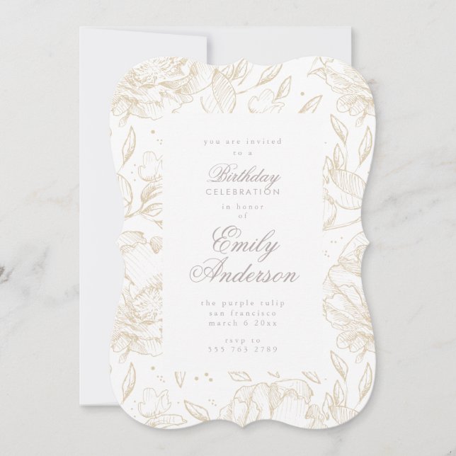 Golden Hand Drawn Floral Birthday Invitation (Front)