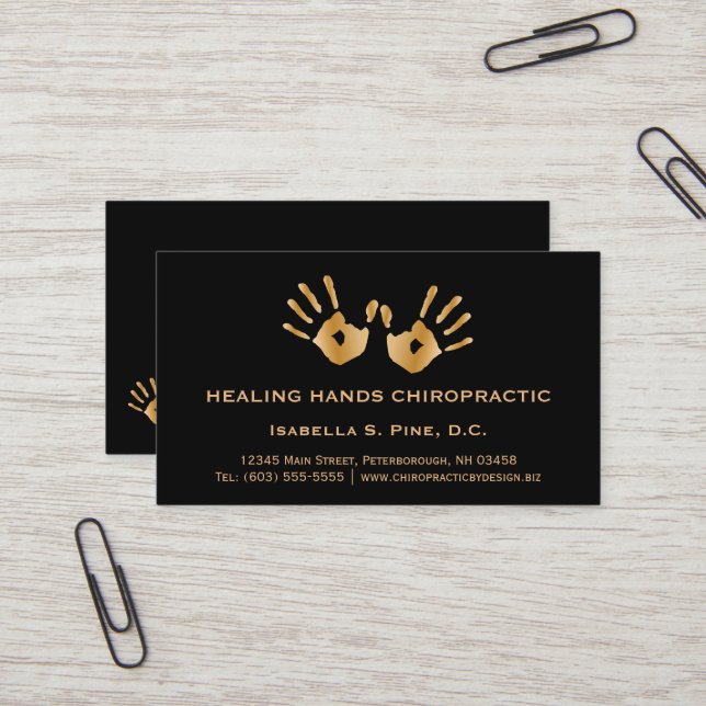 Golden Hand Prints Office Hours Chiropractor Business Card (Front/Back In Situ)