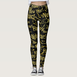 golden happy new jear text in black leggings
