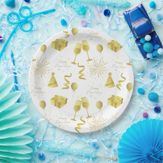 Golden Happy New Year Pattern Paper Plate (Party)