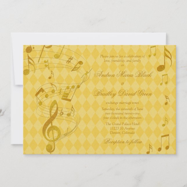 Golden Harlequin Music Notes Wedding Invitation (Front)