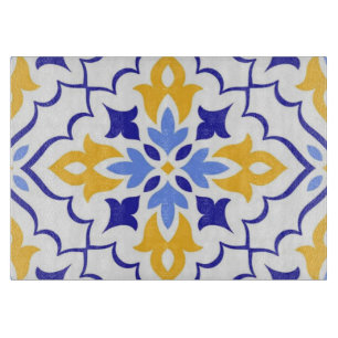 Golden Harmony Blue Floral Mosaic Elegant  Cutting Board
