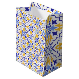 Golden Harmony Blue Floral Mosaic Elegant Medium Gift Bag
