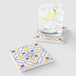Golden Harmony Blue Floral Mosaic Elegant  Stone Coaster