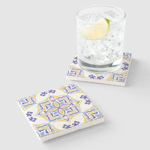 Golden Harmony Blue Gold Mosaic  Mediterranean  Stone Coaster
