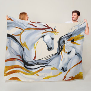 Golden Harmony: Two Horses in Fantasy Realm Fleece Blanket