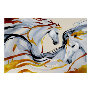 Golden Harmony: Two Horses in Fantasy Realm Poster