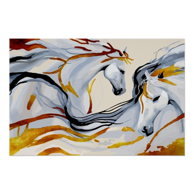 Golden Harmony: Two Horses in Fantasy Realm Poster (Front)