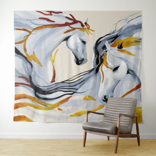 Golden Harmony: Two Horses in Fantasy Realm Tapestry