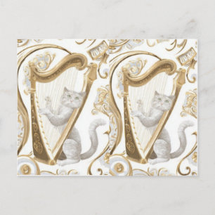 Golden Harp Cat Postcard – Elegant Fantasy Art