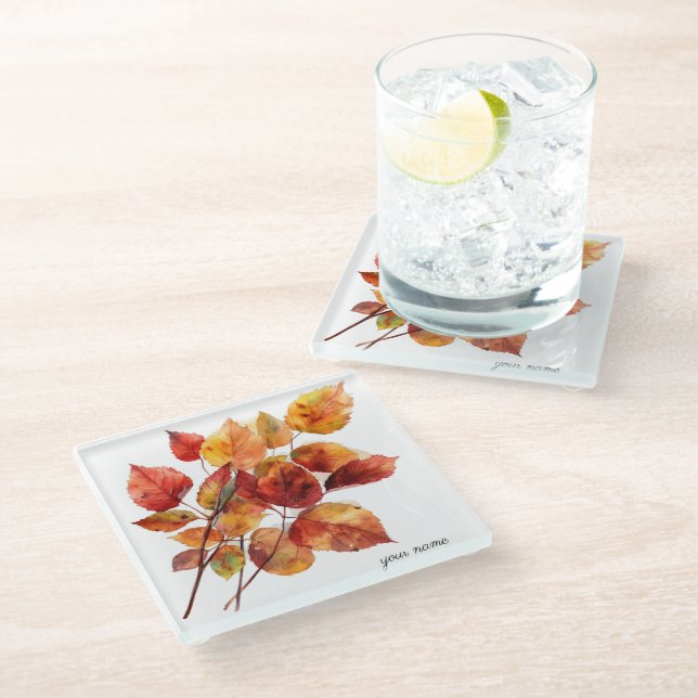 Golden Harvest Leaves: Fall Watercolor, custom Glass Coaster (Angled)