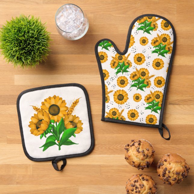 Golden Harvest White Kitchen Oven Mitt & Pot Holder Set (Top Down)
