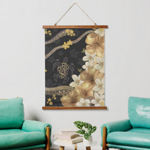 Golden Hawaiian Hibiscus and Tapa Fusion Hanging Tapestry