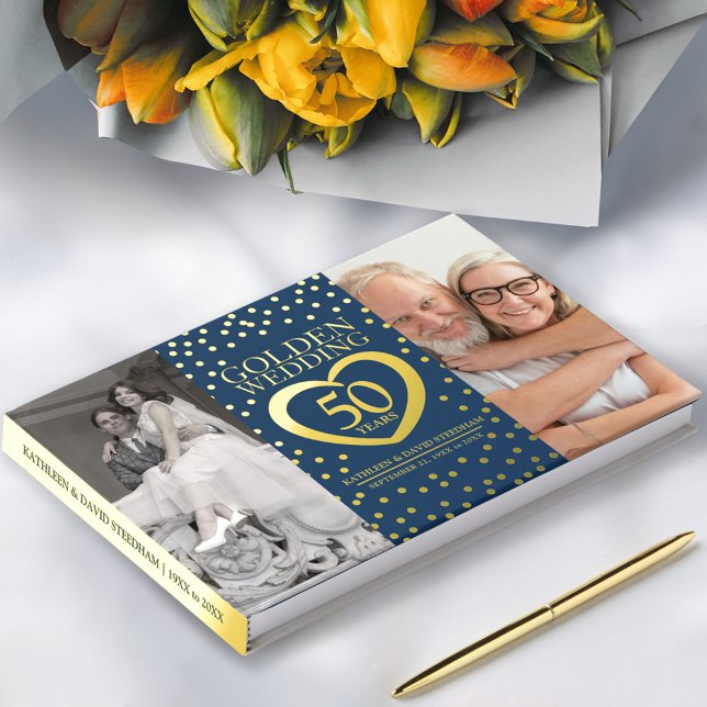 Golden heart 50th wedding anniversary photos blue guest book (Creator Uploaded)