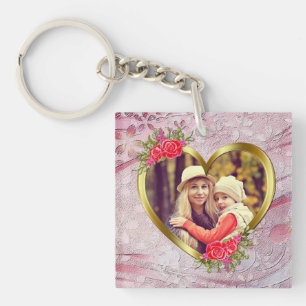 Golden Heart And Beautiful Roses Flowers Key Ring