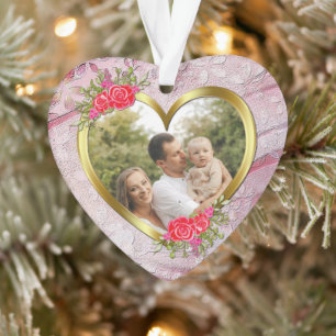 Golden Heart And Beautiful Roses Flowers Ornament