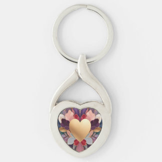 Golden Heart Bloom Elegant Multicolor Floral Symmt Key Ring