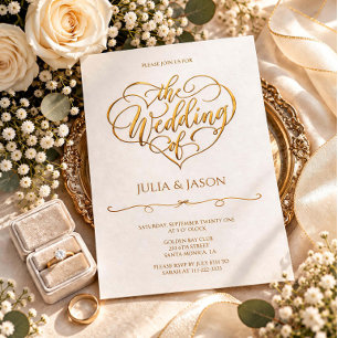 Golden Heart Calligraphy Wedding Invitation