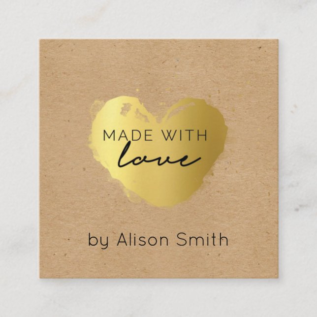 Golden Heart Made with Love Square Business Card (Front)