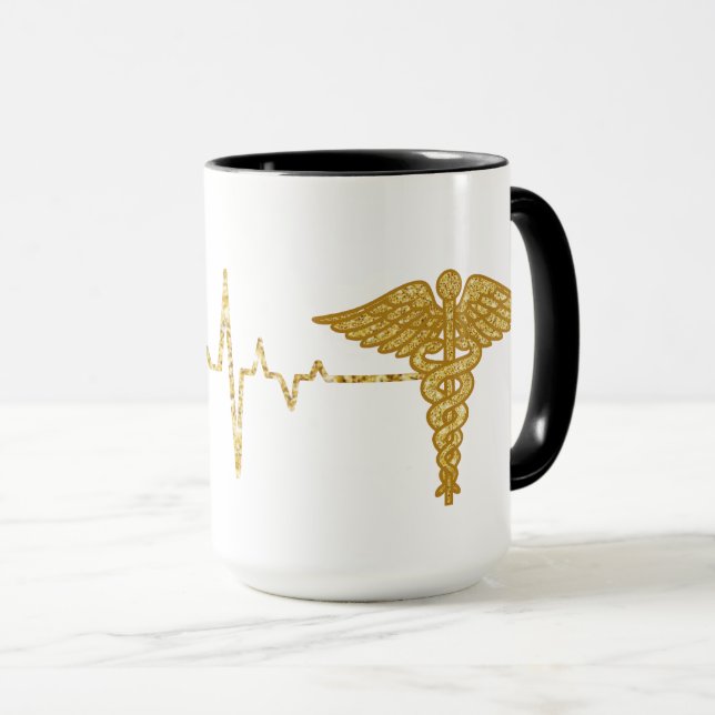 Golden Heart Rate with Caduceus Symbol Mug (Front Right)