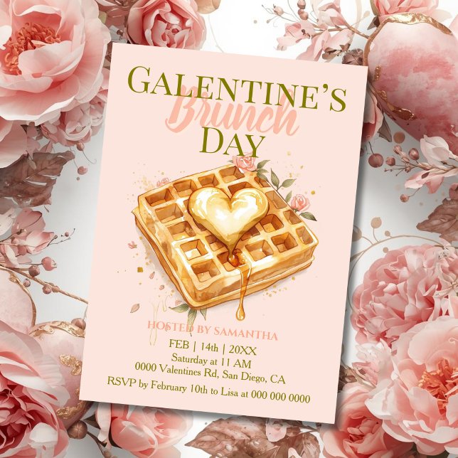 Golden Heart Waffle Galentine Brunch Pastel Floral Invitation (Creator Uploaded)